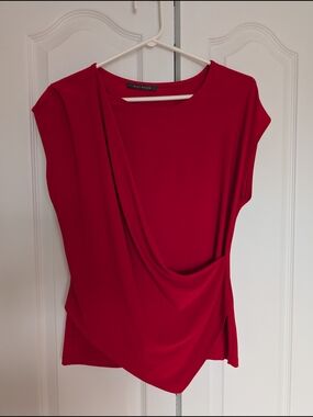 Suzy Shier Red Draped Cap Sleeve Blouse